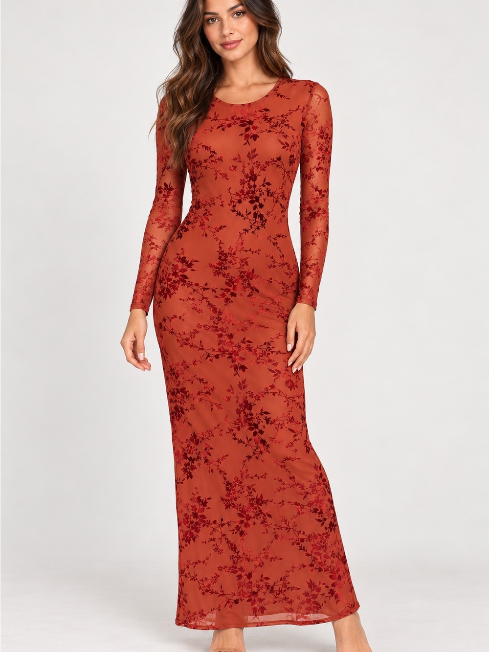 Sincerely Jules Rust Red Floral Mesh Maxi Dress